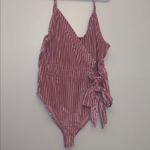 Ribbed V neck tie pink tank top body suit